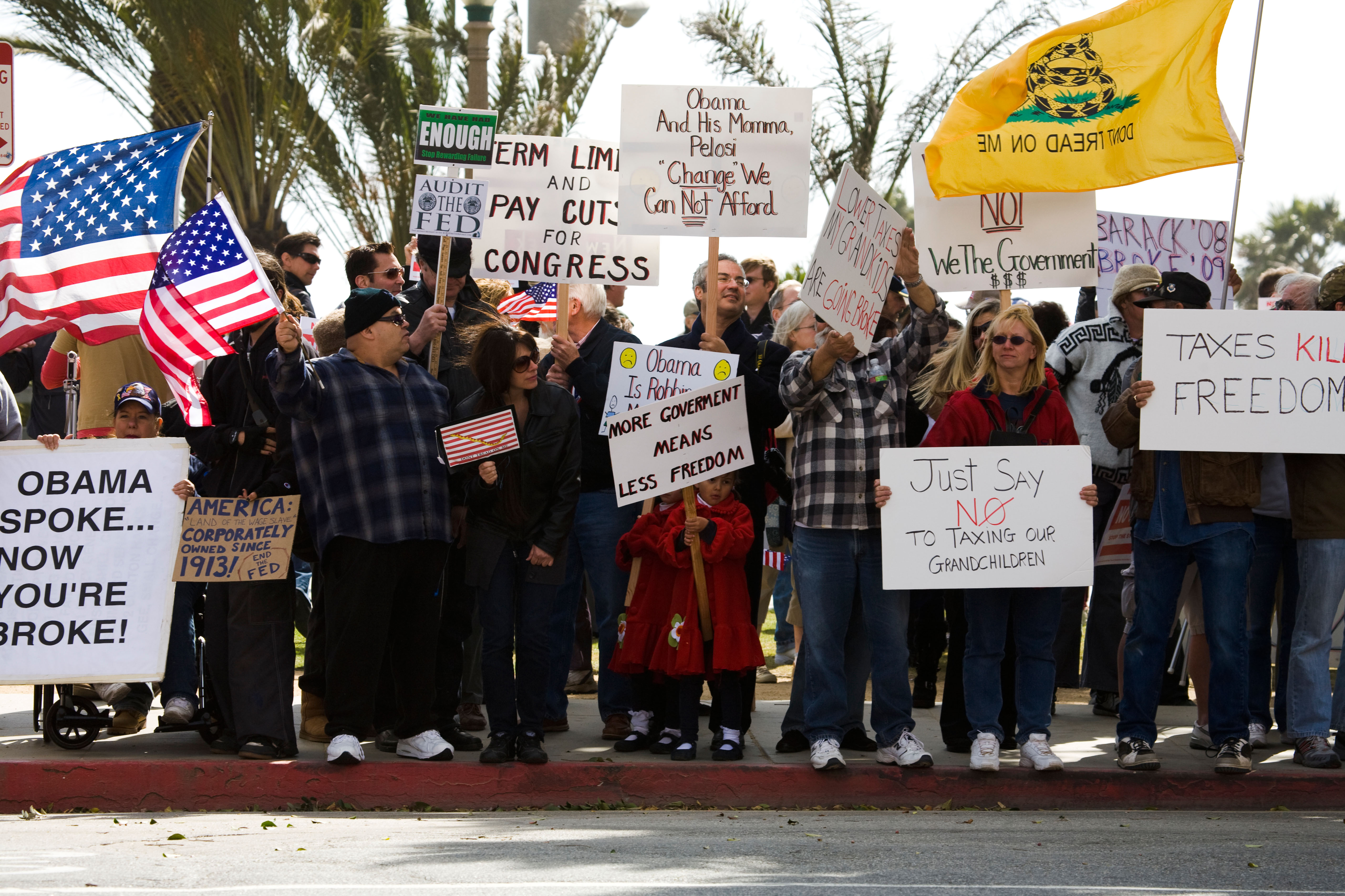 A group of far-right protestors holding protest signs regarding taxes